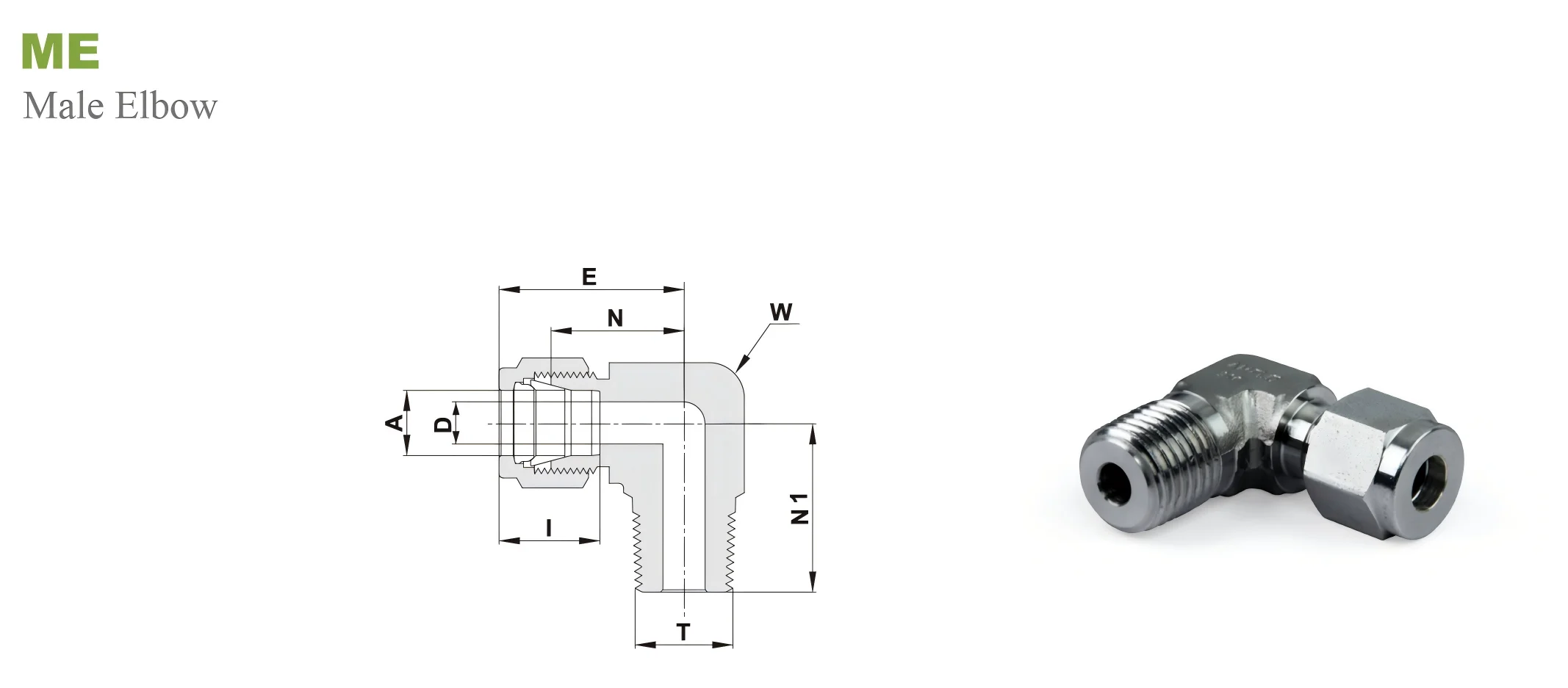Переходник угловой ME: MNPT - OD мм / Type ME MNPT - Tube fitting мм